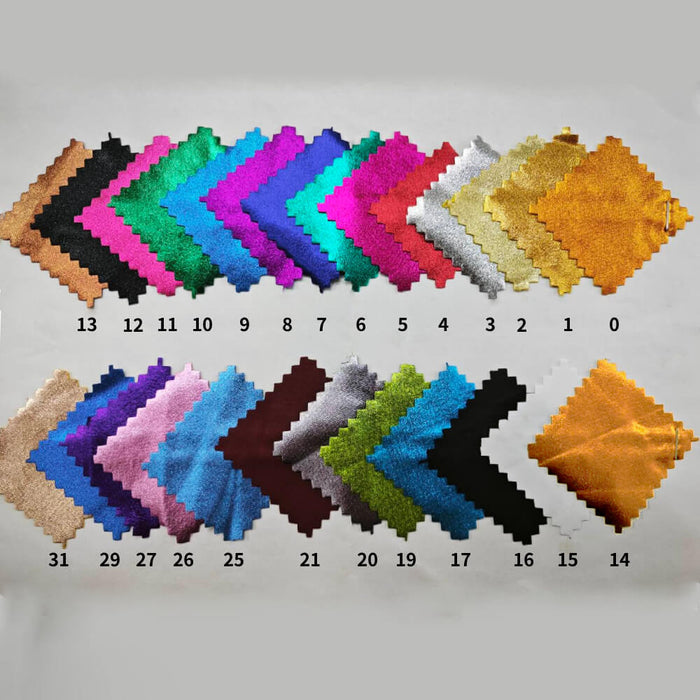Shiny fabric color swatches for 5x7.5ft Chiara Arched Backdrop, featuring gold, silver, black, pink, blue, green, and purple.