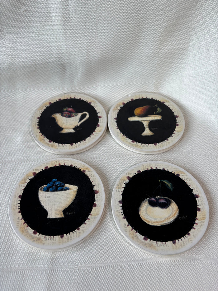 Set Of 4 Ceramic Fruit Coasters W/ Holder *Read Description*