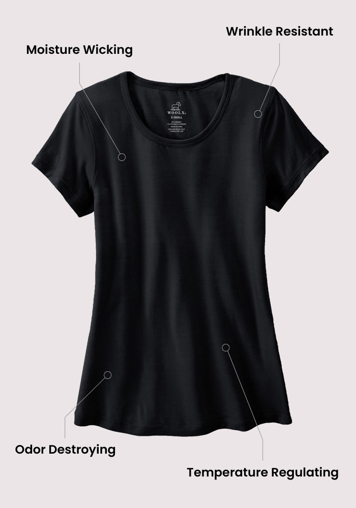 Woolx Addie Crew Neck - Cabana Crush: Black short-sleeve tee, quick-drying, moisture-wicking, odor-resistant, wrinkle-free.