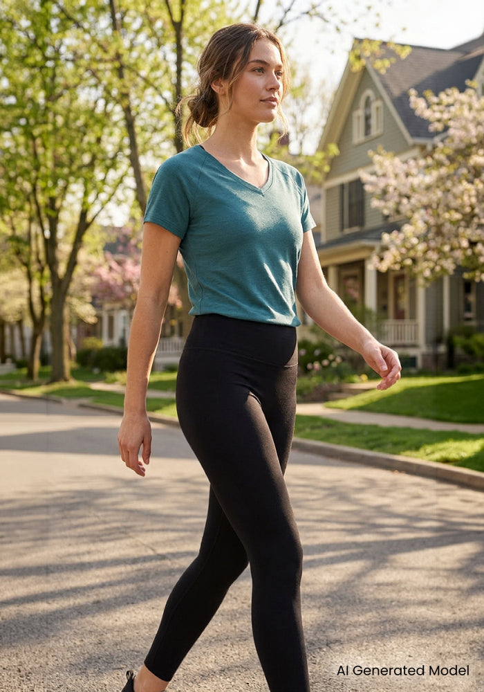 A woman in a green t-shirt and Woolx Angela Leggings - Black walks outside on a sunny day in a suburb.