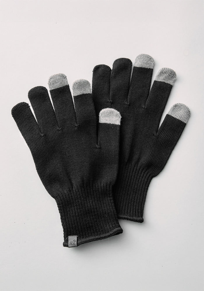 Woolx Asher Tech Gloves in black, with gray touchscreen fingertips, shown on a white background.