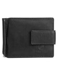 Black leather wallet with Bacca Bucci logo money clip on a white background.