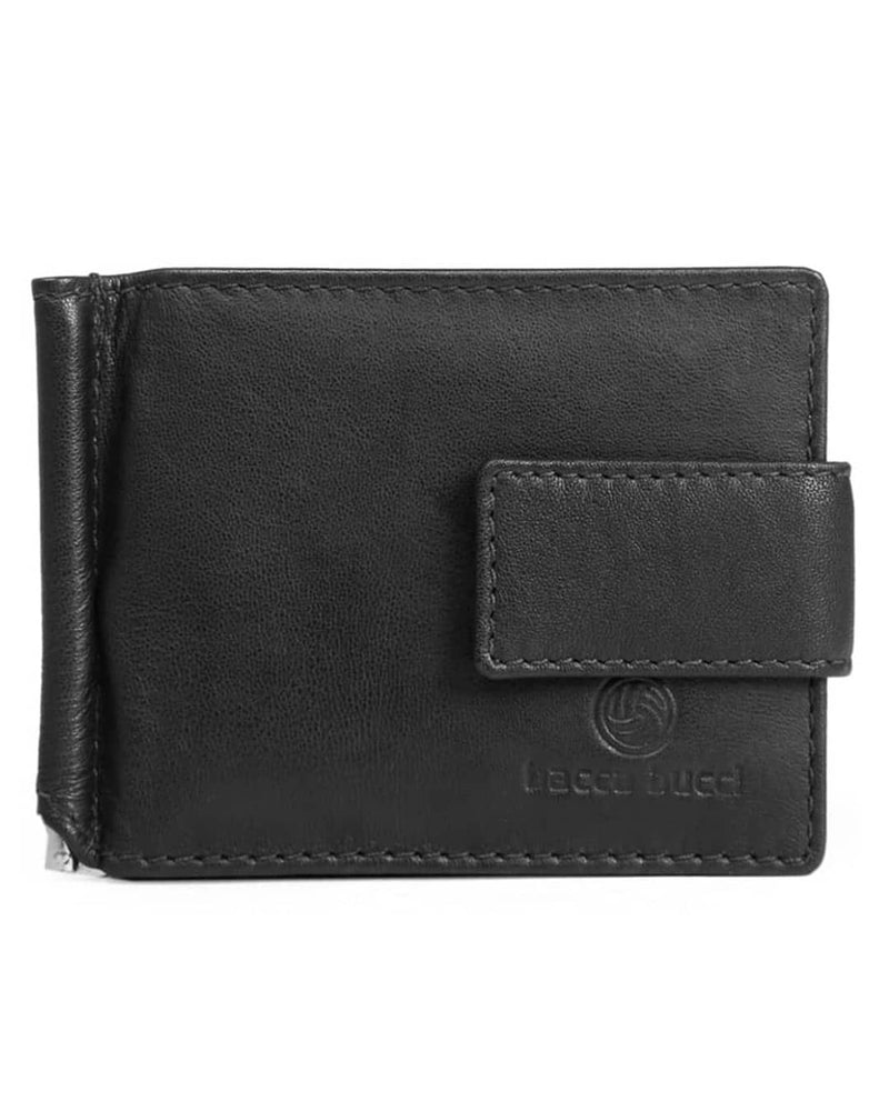 Black leather wallet with Bacca Bucci logo money clip on a white background.