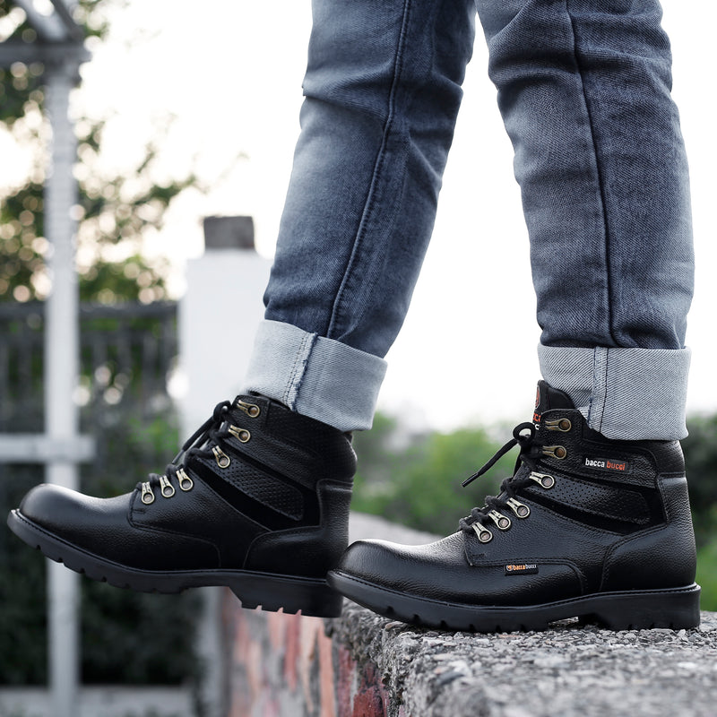 leather boots, leather boots for men, black leather boots, black lace up boots, grain leather outdoor shoes, steel toe cap boots