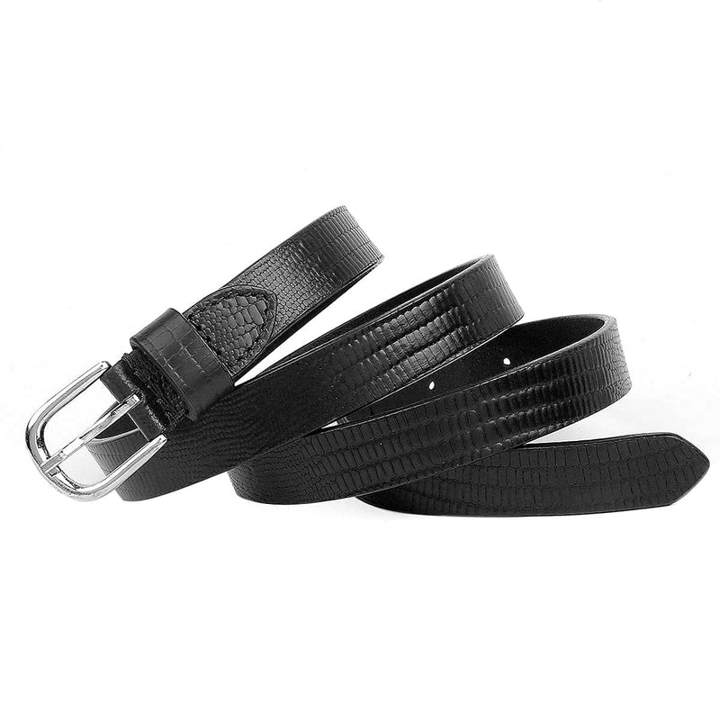 Black textured bacca bucci belt with silver buckle on a white background.