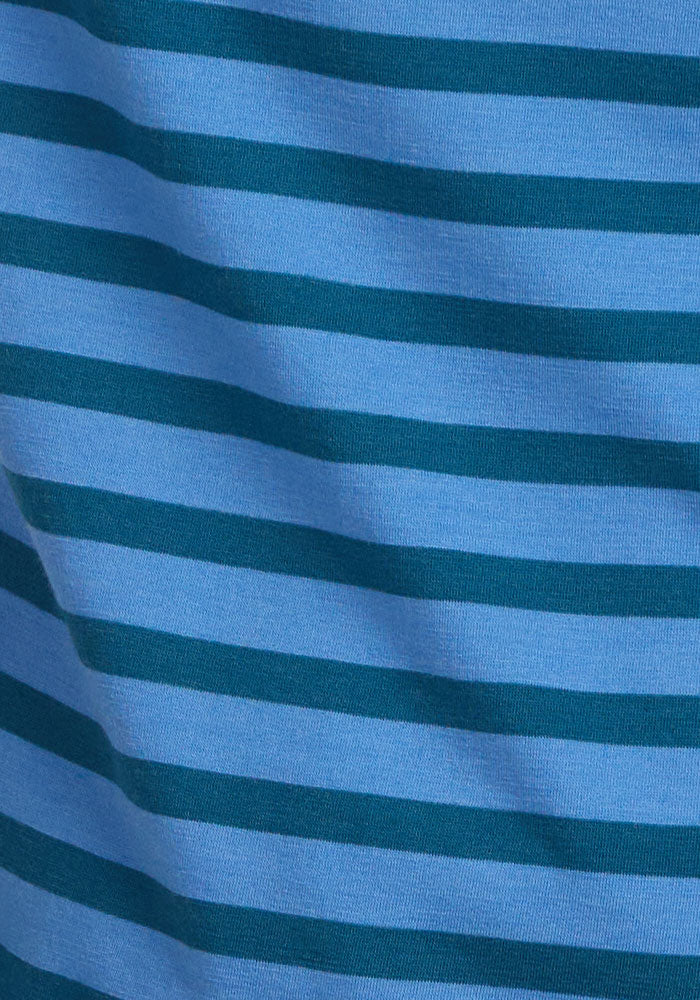 Close-up of the Woolx Bella Tunic Top in Coastal Stripe, a lightweight women's merino tank with soft texture and blue and dark teal horizontal stripes—ideal for summer wear.