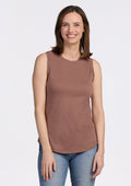 Woman with shoulder-length brown hair wears the Woolx Bella Tunic Top in Sienna Kiss, smiling at the camera.