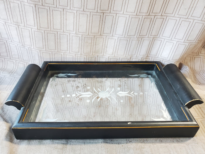 Black Distressed Wooden Mirrored Vanity Tray