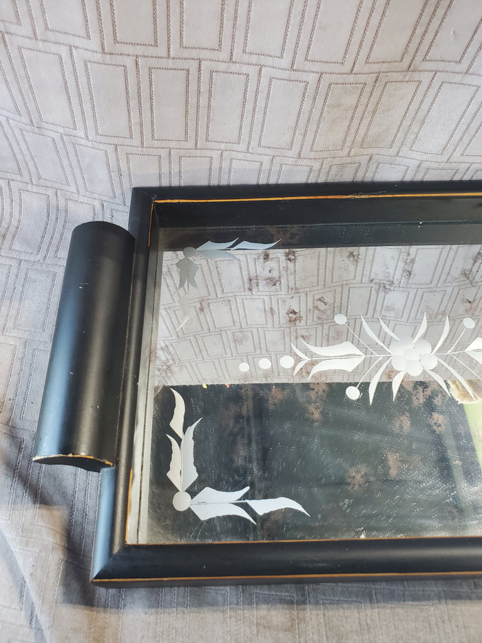 Black Distressed Wooden Mirrored Vanity Tray