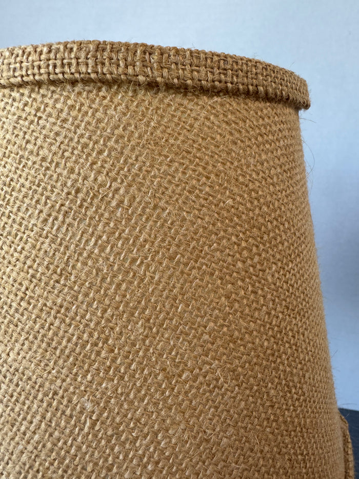 Black Metal Scroll Accent Lamp with Burlap Shade (WORKS)