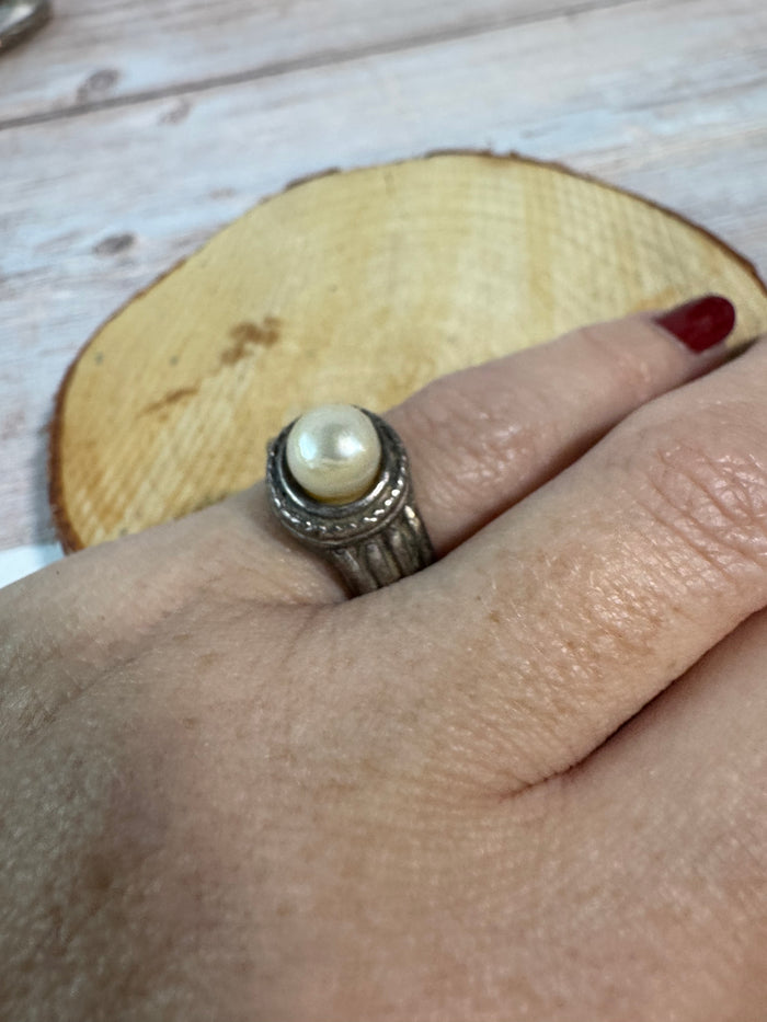 Bohemian Sterling Silver Faux Pearl Ring SIZE 5