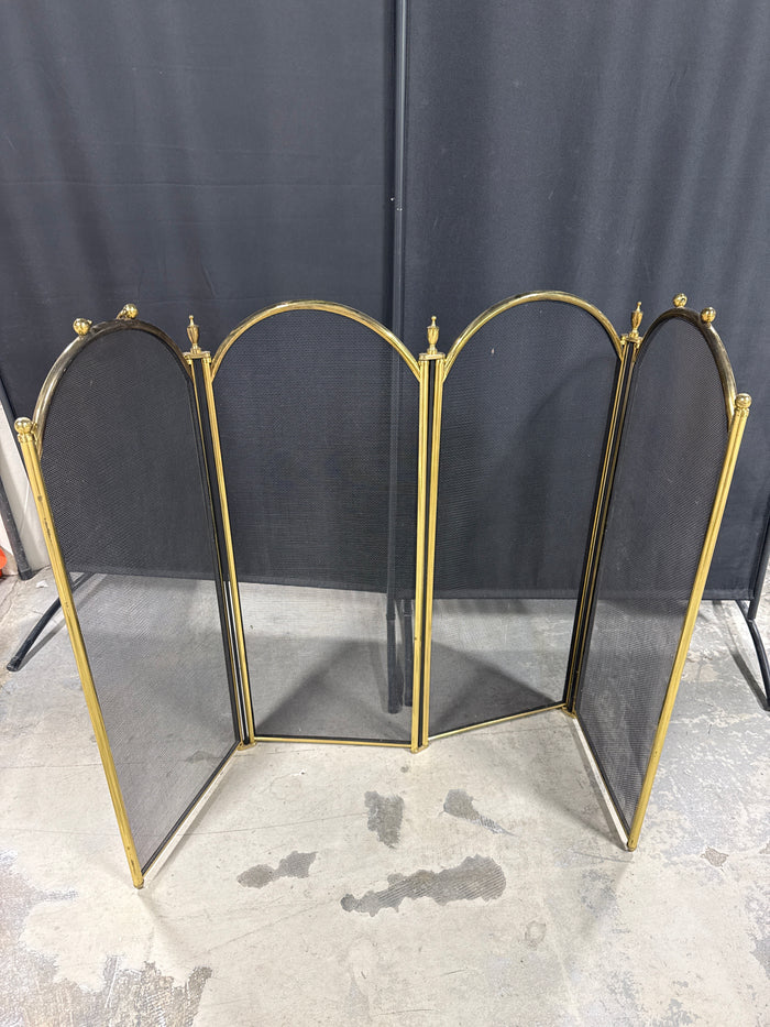 Brass & Metal Mesh Vintage 4-Panel Folding Fireplace Screen (B)