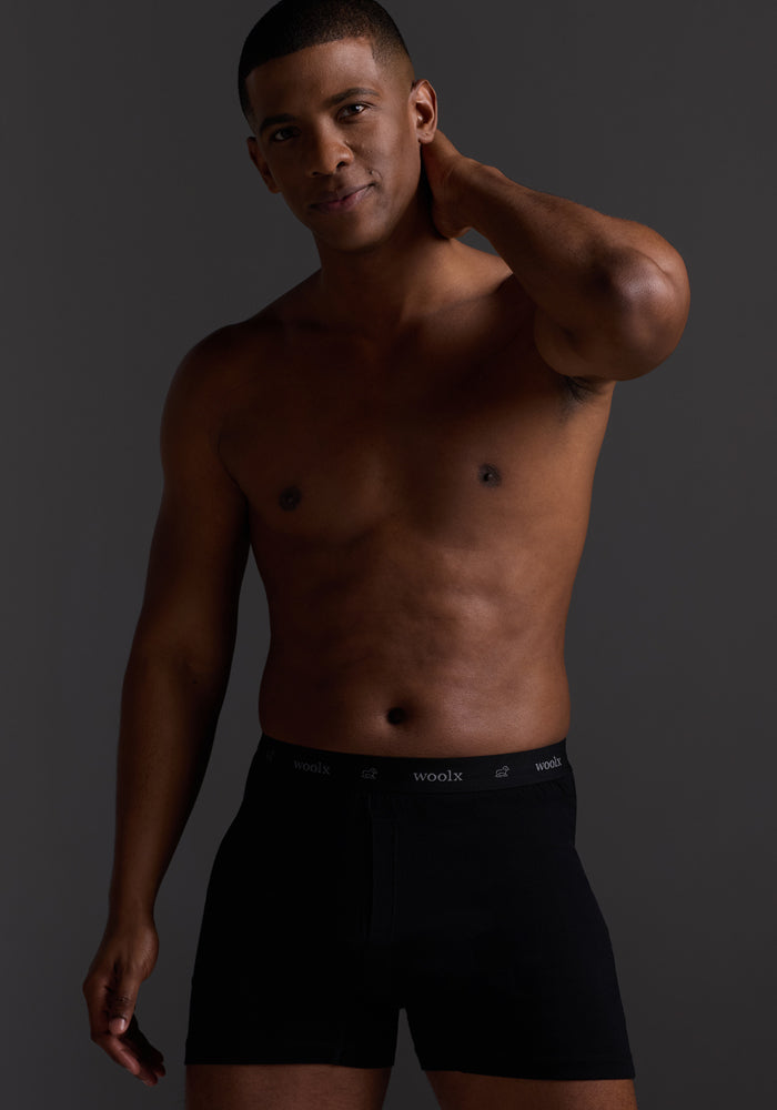 A man poses against a dark backdrop in Woolx Breathe Boxer Shorts - Black, crafted from Australian Merino Wool for exceptional breathability. He rests his right hand on his neck, gazing at the camera with a neutral expression.