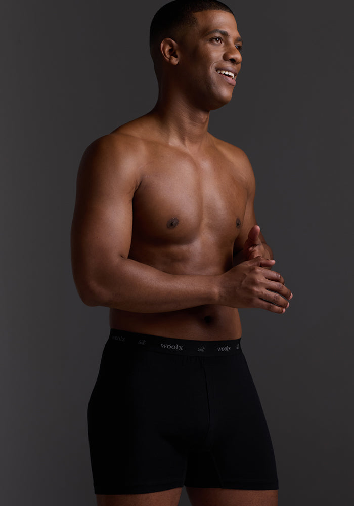 A man in Breathe Boxer Shorts - Black by Woolx stands against a dark backdrop, smiling and gazing sideways with clasped hands. Made from Australian Merino Wool, the shorts enhance his athletic physique with their breathability and comfort.