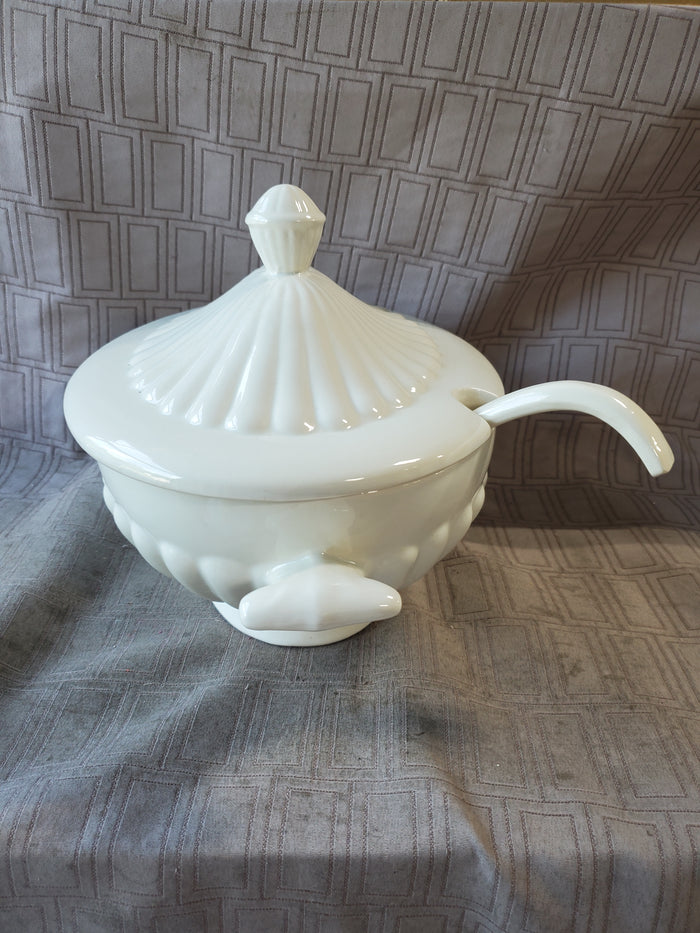 California Pottery White Soup Tureen with Ladle