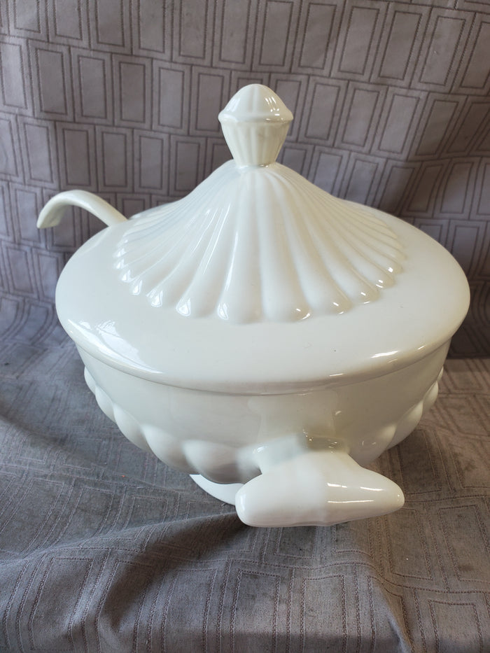 California Pottery White Soup Tureen with Ladle