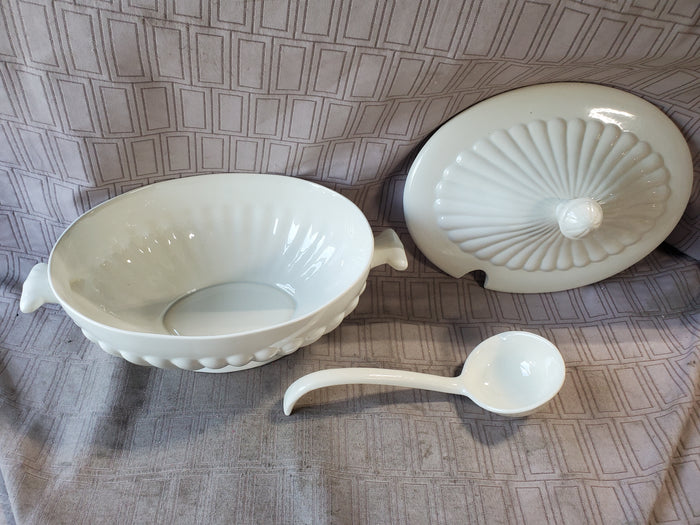 California Pottery White Soup Tureen with Ladle