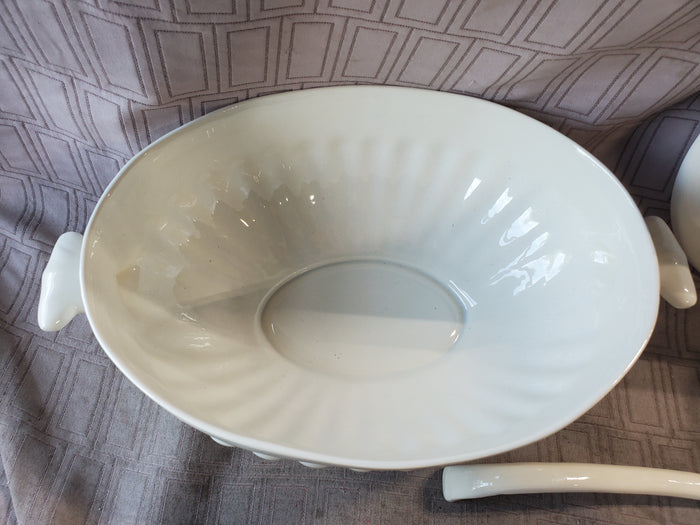 California Pottery White Soup Tureen with Ladle