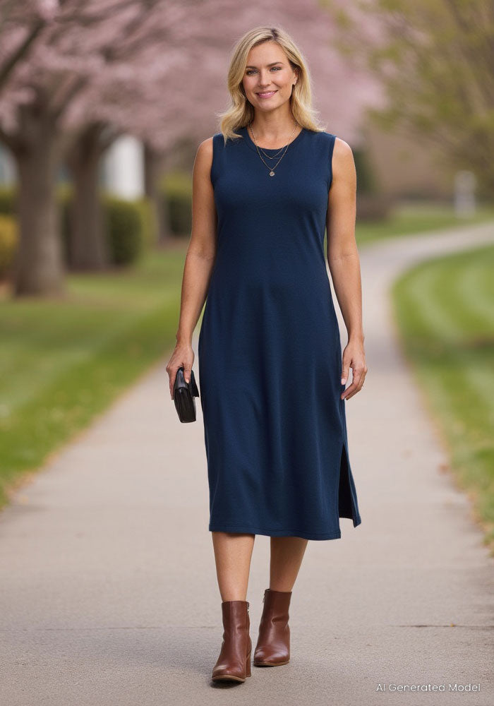Woman in Woolx Cassie Dress in Deep Navy and brown boots walks on a tree-lined park path.