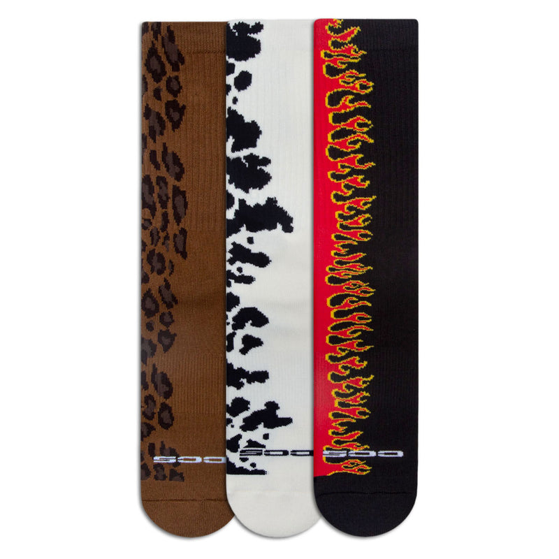 CCS 3 Pack Pattern Socks - Leopard/Cow/Flame