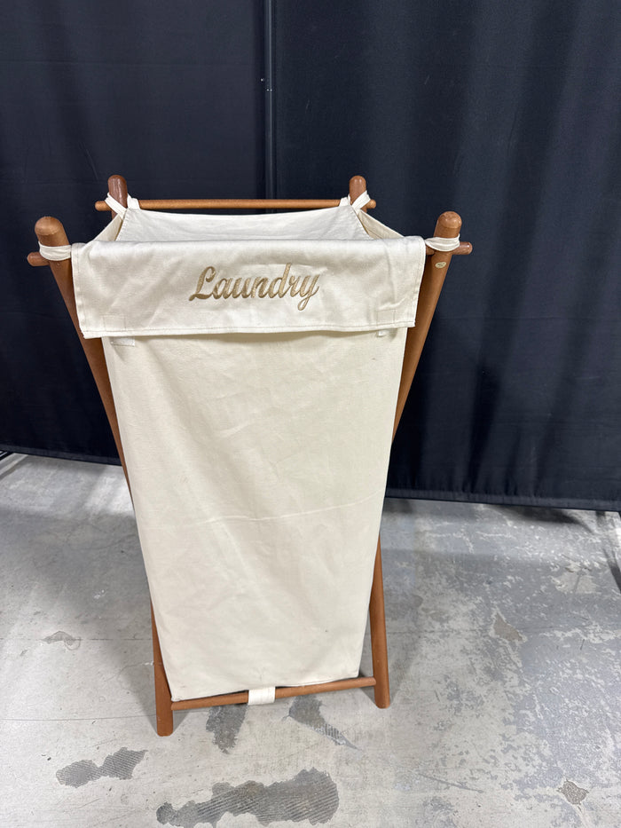 Cream Colored Canvas Folding Laundry Hamper With Top - Embroidered (B)