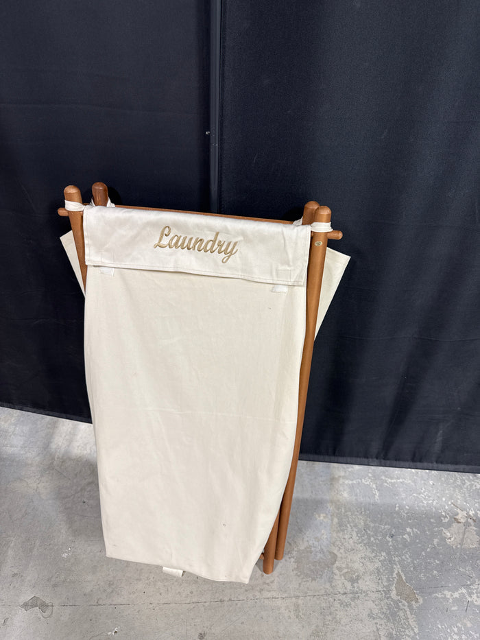 Cream Colored Canvas Folding Laundry Hamper With Top - Embroidered (B)