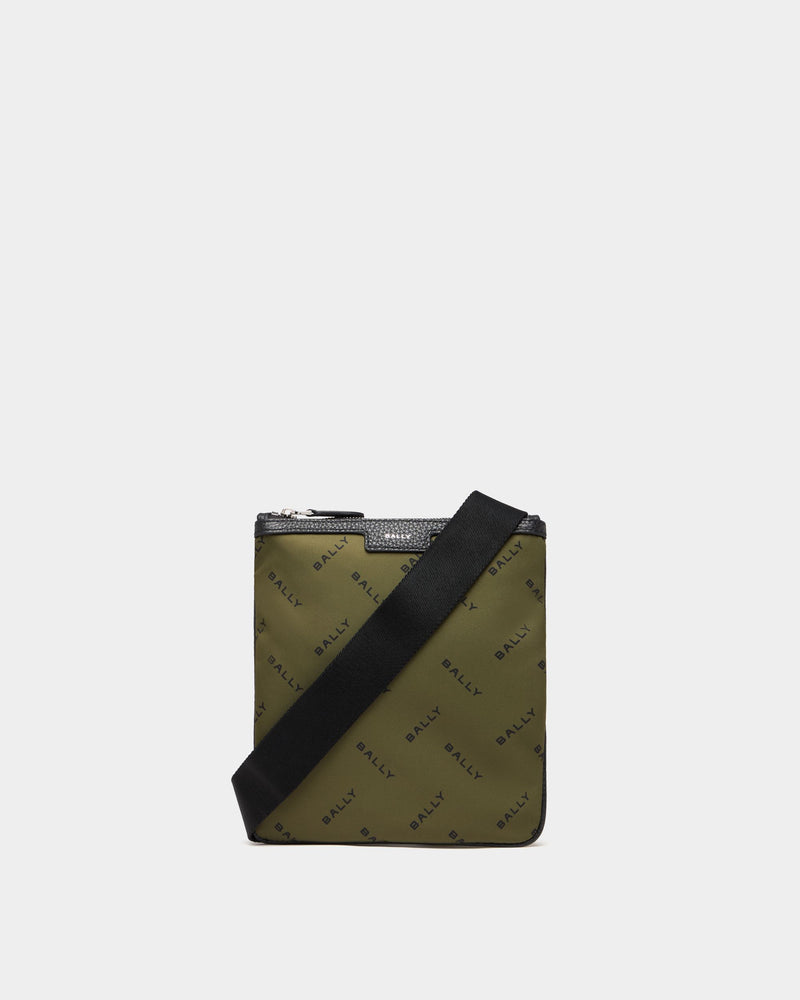 Crossbody Bag In Green Nylon With a Chevron Logo Print