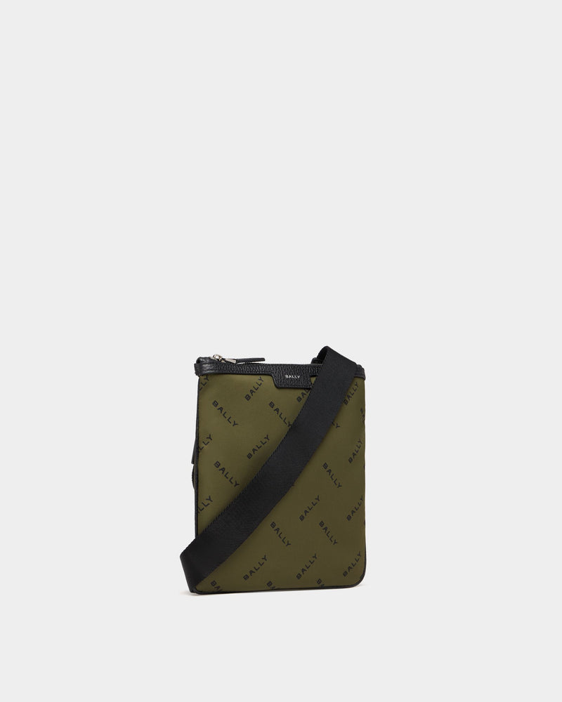 Crossbody Bag In Green Nylon With a Chevron Logo Print