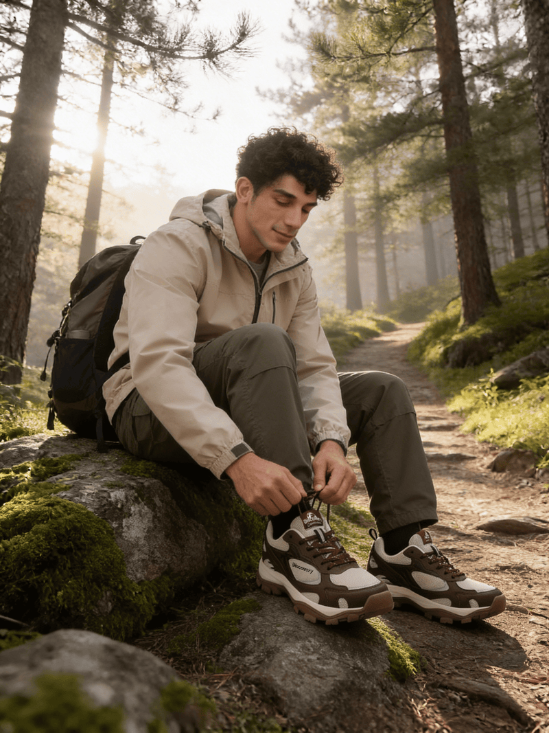 Man sitting on a rock in a forest, tying his hiking shoes.