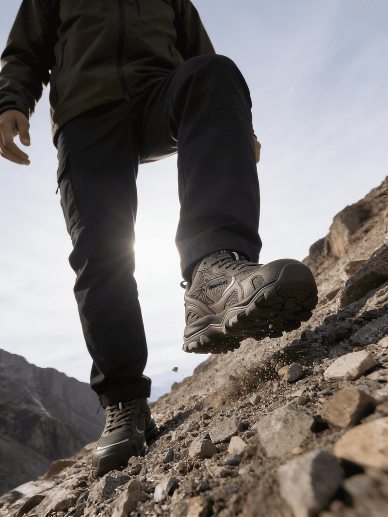 Person wearing hiking boots on a rocky mountain trail