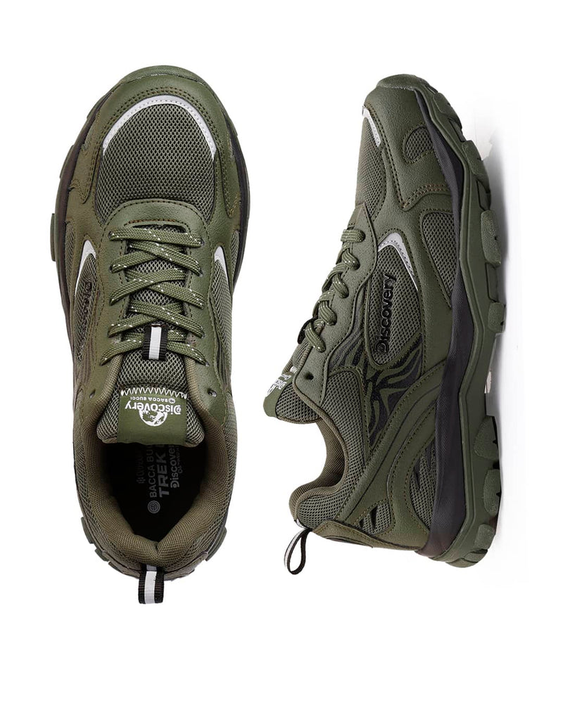 Pair of green hiking shoes with Bacca bucci logo on a white background