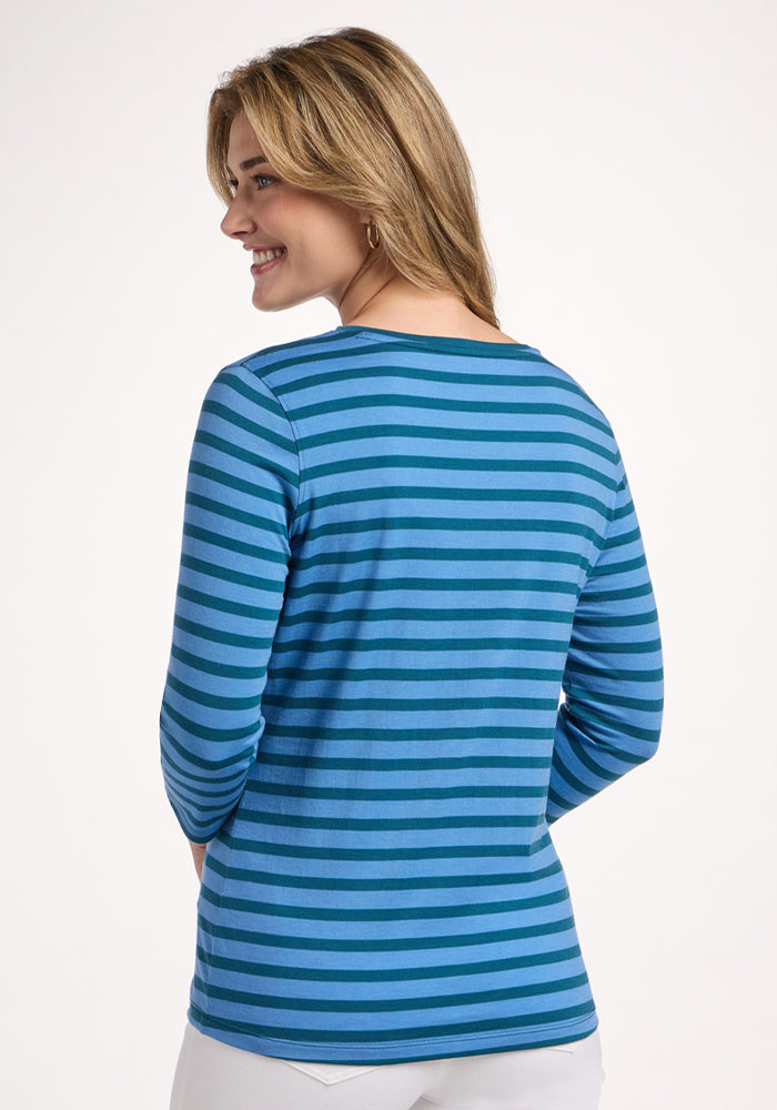 Smiling blonde woman in Woolx Elena 3/4 Sleeve V Neck - Coastal Stripe, shown from the back on a white background.