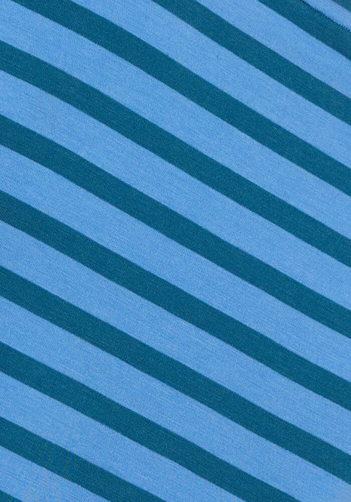 The Woolx Elena 3/4 Sleeve V Neck - Coastal Stripe is a lightweight women's top with diagonal blue stripes.