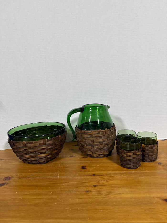 Empoli Mid Century Green Glass In Wicker Set - 5 Pieces