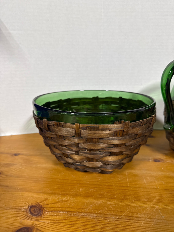Empoli Mid Century Green Glass In Wicker Set - 5 Pieces