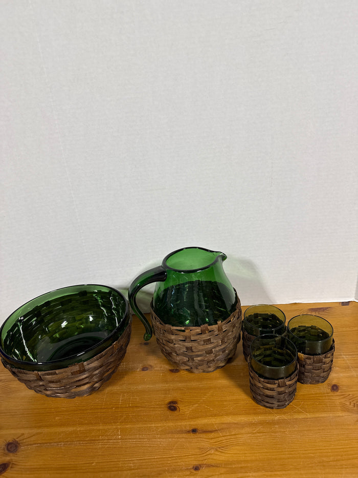 Empoli Mid Century Green Glass In Wicker Set - 5 Pieces