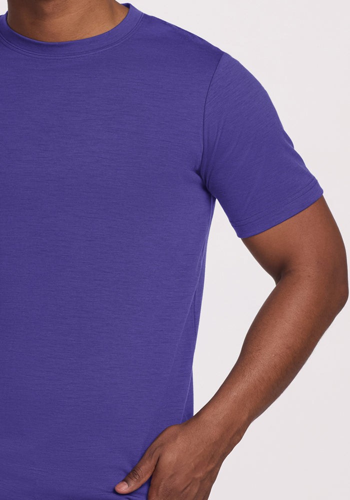 A person wears the Woolx Endurance Tee in Berry Indigo, fitted and short-sleeve, shown from shoulders to mid-torso.