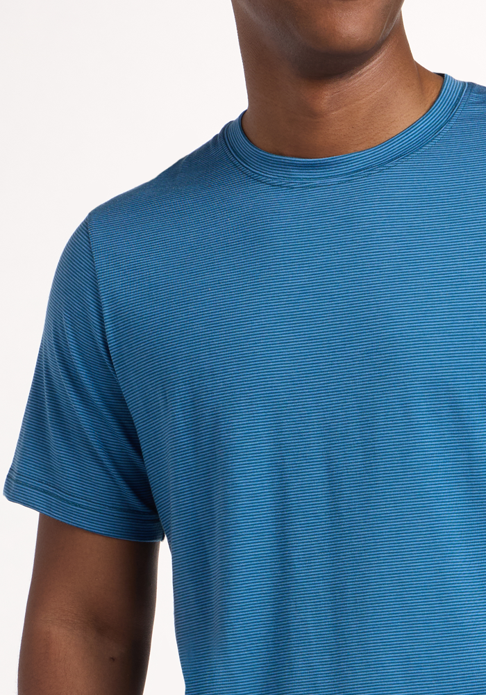 A person wearing the Woolx Endurance Tee - Coastal Mini Stripe, a blue short-sleeved, crew-neck shirt with thin horizontal stripes, is shown from shoulders to upper chest with their face partially out of frame.