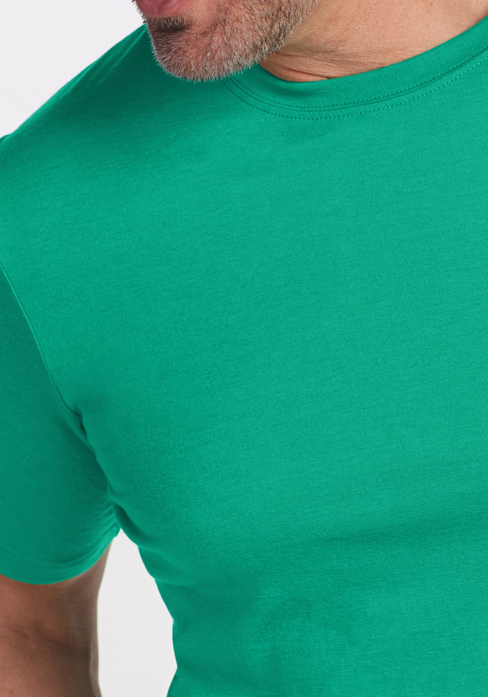 Close-up of a man in the Woolx Endurance Tee - Jungle, showing part of his face and gray beard.