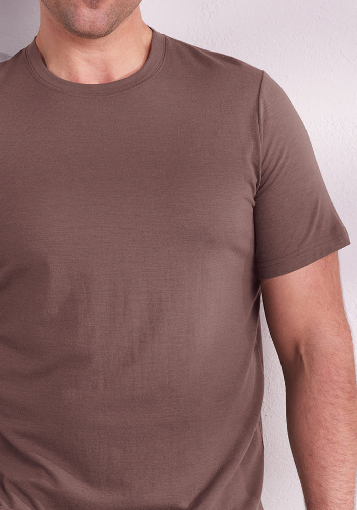 Man wearing Woolx Endurance Tee in Peppercorn, shown shoulder to waist, standing by a light-colored wall.
