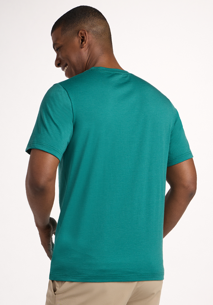 A man stands with his back to the camera, smiling over his left shoulder, wearing the Woolx Endurance Tee - Woodland Mini Stripe and beige pants against a plain light background.