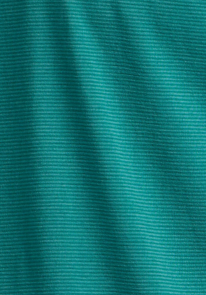Close-up of teal ribbed fabric with fine horizontal lines and soft folds—showcasing the subtle texture and quality of the Woolx Endurance Tee - Woodland Mini Stripe, ideal for a stylish performance Merino wool shirt.