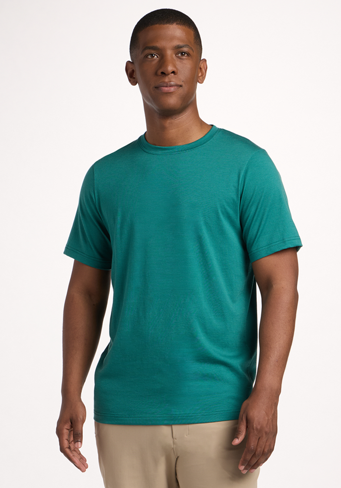 A man stands against a plain background, wearing the Woolx Endurance Tee - Woodland Mini Stripe and beige pants. He faces forward with a neutral expression and relaxed arms, highlighting this comfortable performance shirt.