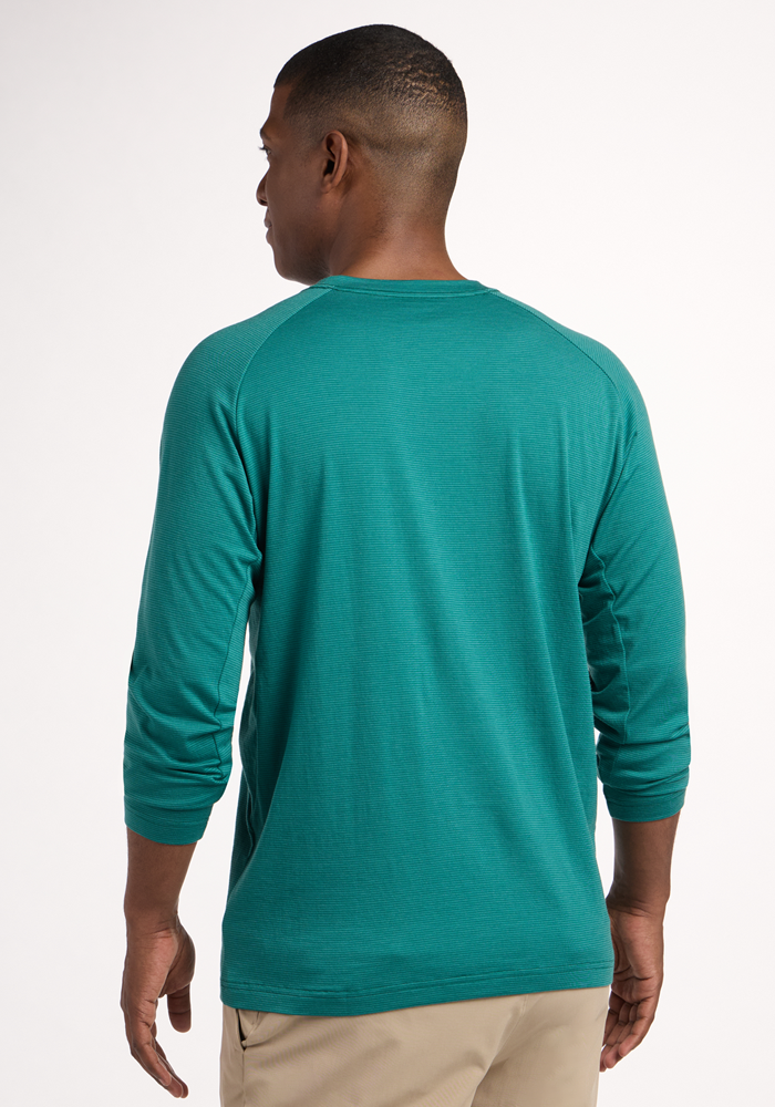 A man, seen from behind against a plain white background, is wearing the Woolx Essential Tee - Woodland Mini Stripe and beige pants.