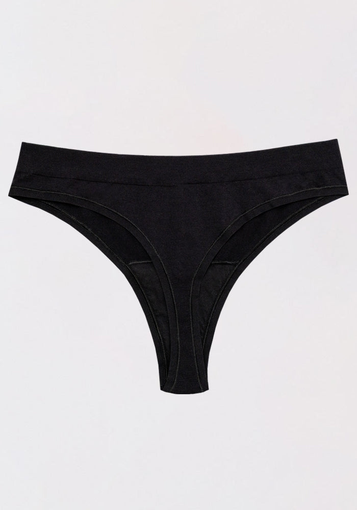 The Woolx Farrah Thong, in black, is shown laid flat on a plain light gray background.