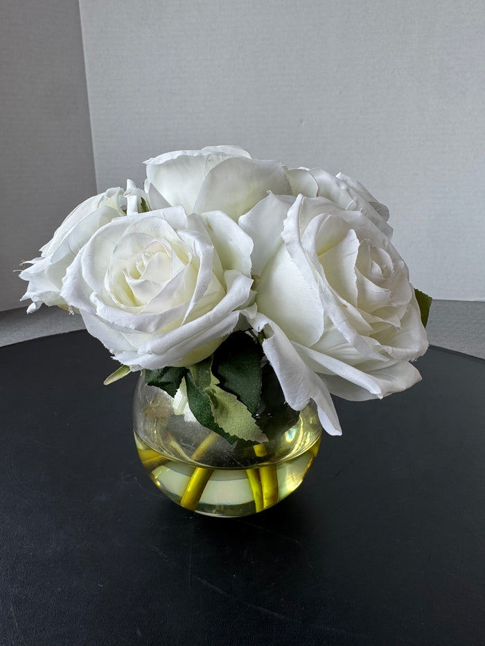 Faux White Roses in Glass Vase