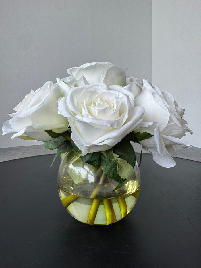 Faux White Roses in Glass Vase