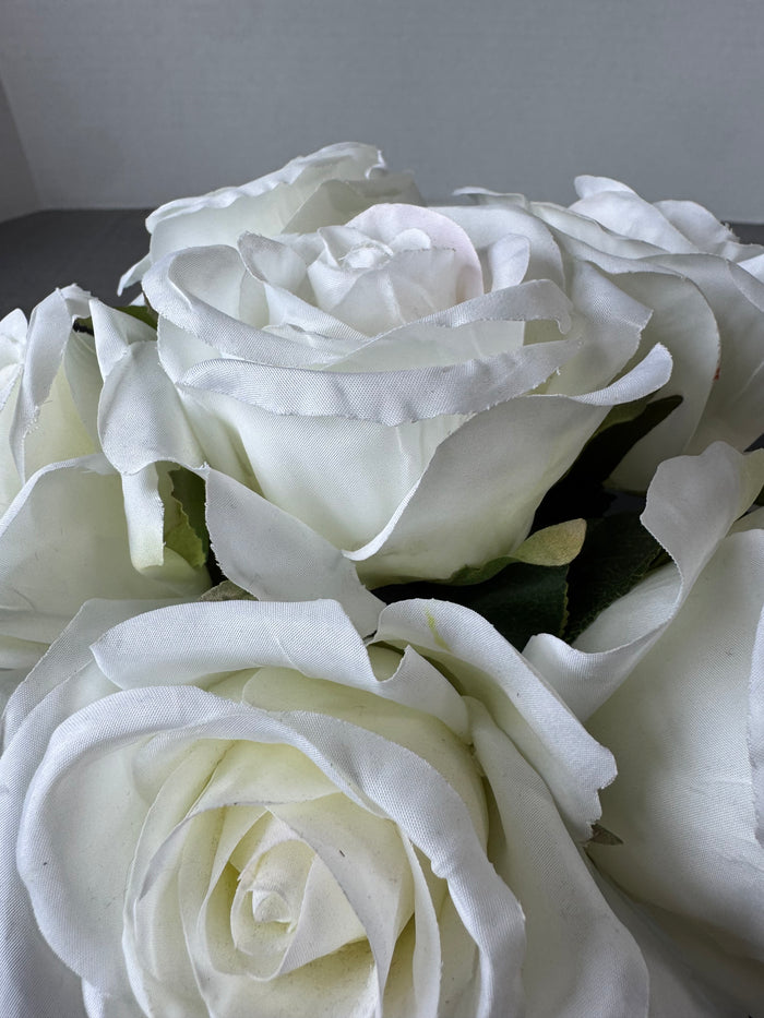 Faux White Roses in Glass Vase