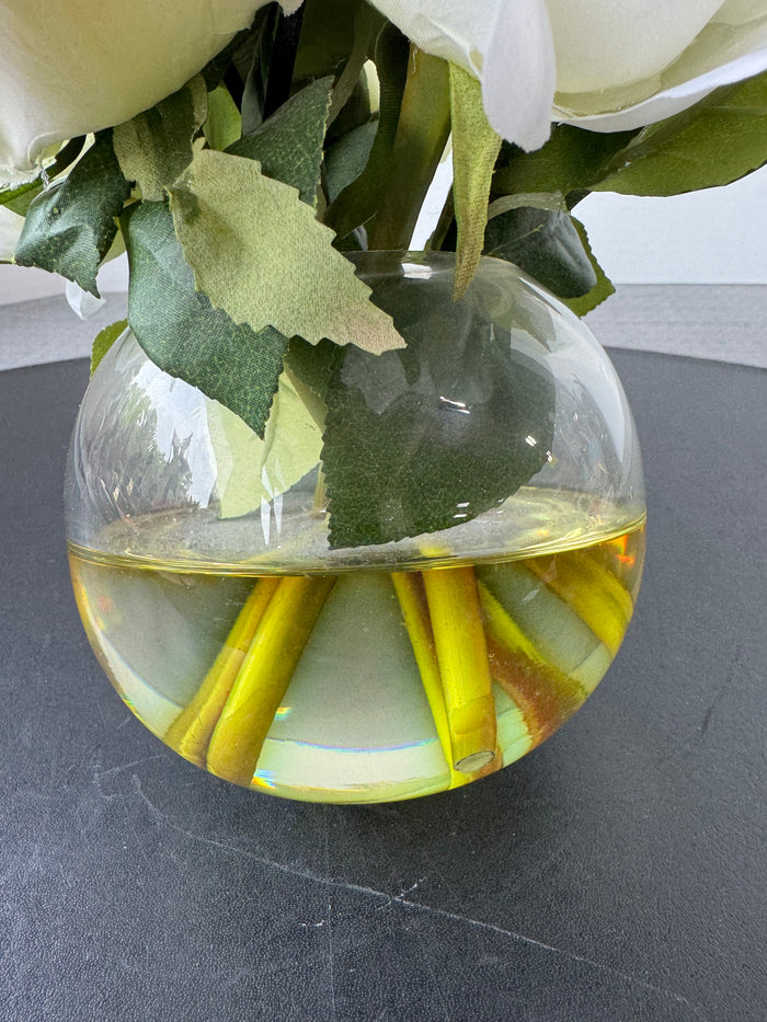 Faux White Roses in Glass Vase