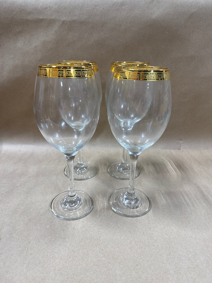 Gold Greek Key Rimmed Wine Goblets - Set Of 4 // 3 Sets Available // PRICED INDIVIDUALLY